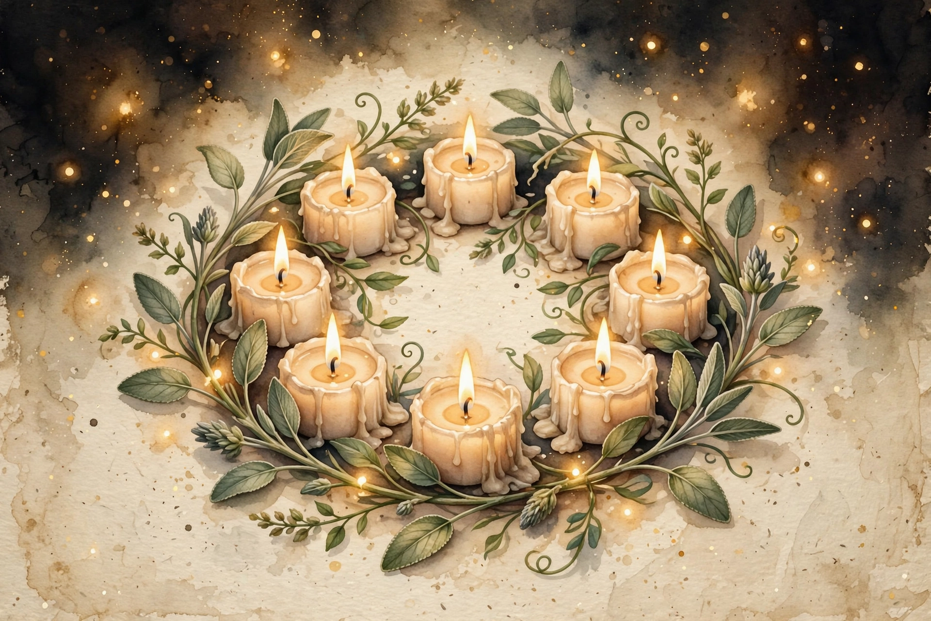 A circle of lit candles ringed with botanical vines