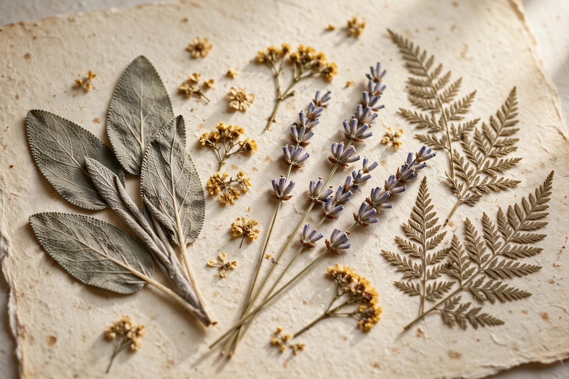 Pressed flowers arranged like a herbarium page